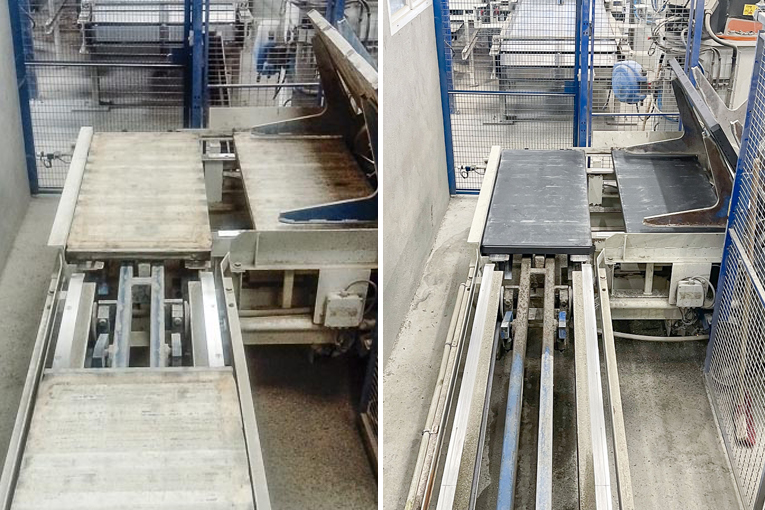 Ligne de production de la presse Quadra Q6 avec anciennes planches en bois (à gauche) et nouvelles planches Wasa Uniplast Ultra (à droite). [©Wasa]