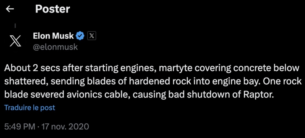 Traduction du post : “A peu près 2 s après l’allumage des engins, le béton Martyte a éclaté, envoyant des morceaux tranchants de cailloux durcis dans la zone moteur. L’un d’eux a coupé sévèrement un câble d’avionique, causant un arrêt imprévu du Raptor”.
[©X]
