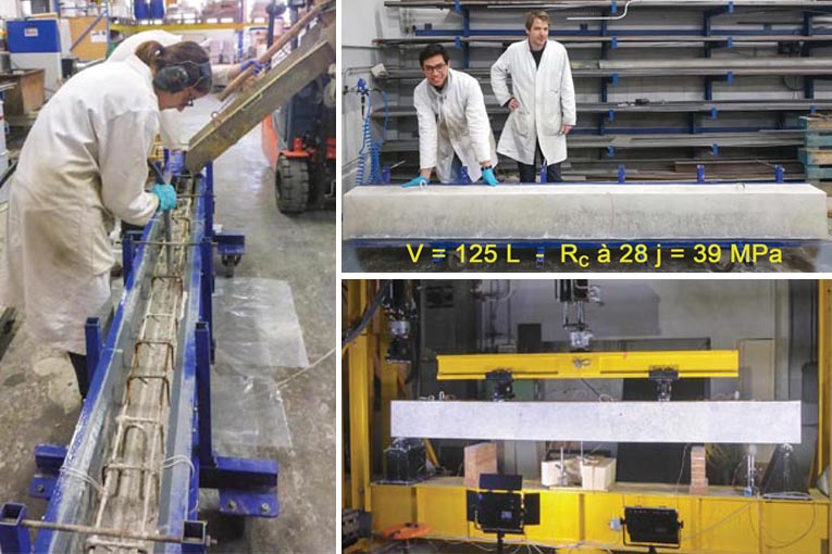 Figures 1 - Réalisation, puis casse avec vidéo-corrélation d’une poutre en béton armé à base d’un liant alcali-activé (laitiers activés aux carbonates).