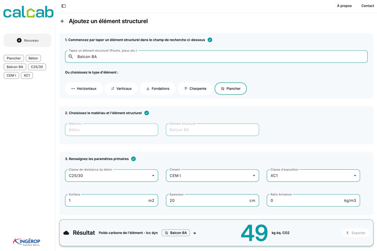Lancée par Ingérop, Calcab est une application permettant de calculer l'empreinte carbone des éléments structurels d'un bâtiment dès la phase de conception. [©Ingérop]