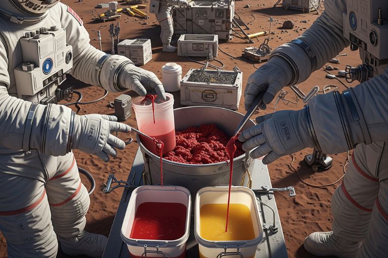 Pour créer du béton martien, les astronautes pourraient utiliser leurs fluides corporels comme liant avec le régolithe local, exploitant ainsi le soufre abondant sur la planète. 
[©Photo générée par IA]