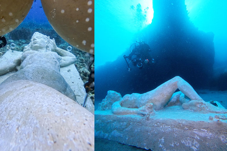 “The Queen of the Corals” incarne un lien profond entre l’humanité et l’océan. Elle représente une figure féminine endormie, allongée parmi les coraux, symbole de force silencieuse et d’interconnexion. A la fois humaine et corallienne, sa sculpture évoque une communion organique, inséparable, entre les deux mondes. [©Art4Sea]