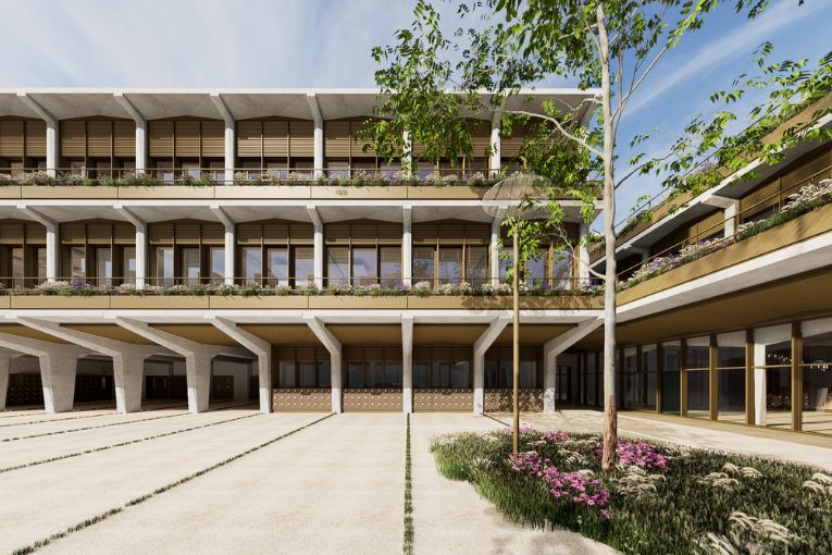 L’architecte Jean-Pierre Lévêque a proposé un système de façades simple et régulier de poteaux/poutres portant en console des débords de toit paysagé. [©Brenac & Gonzales & Associés]